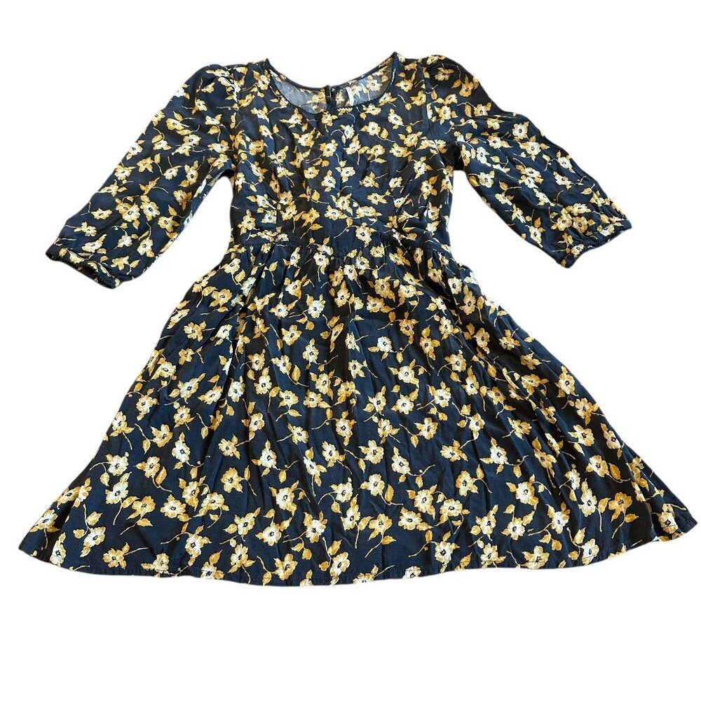 Free People Floral Mini Dress 12 Black Yellow 3/4 Sleeve Viscose Cotton Blend